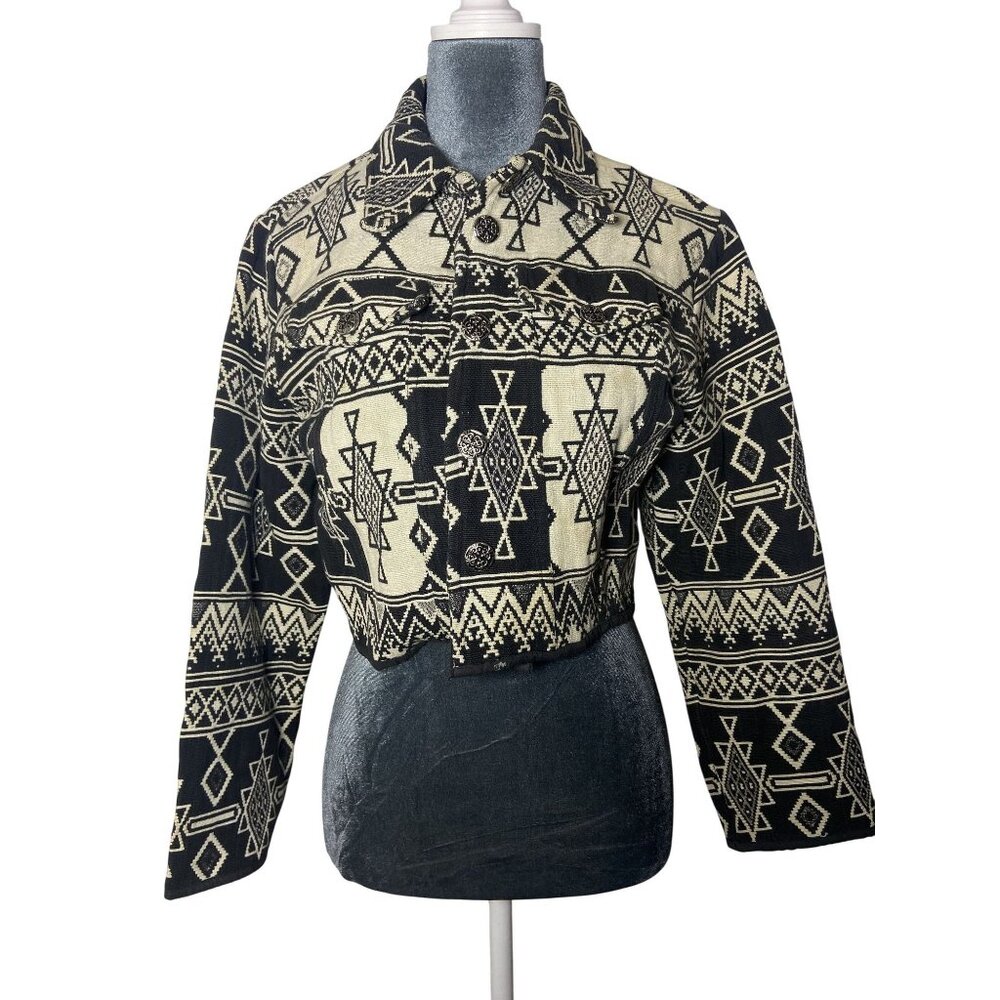Vintage Flashback Aztec Cropped Jacket Medium Black & White 100% Cotton